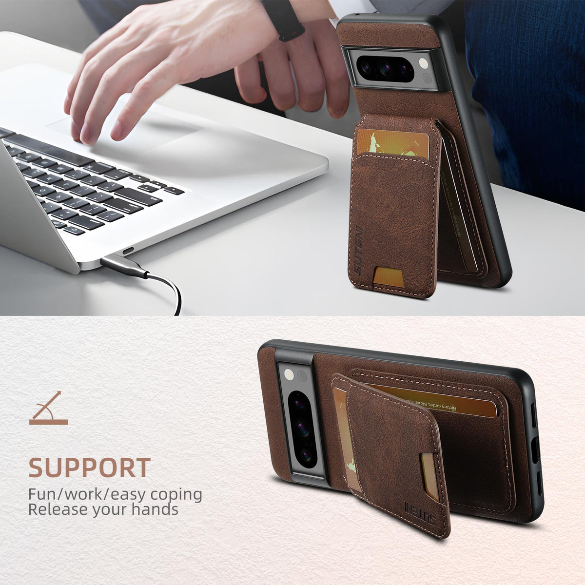 For Google Pixel 11 Pro Suteni H02 Litchi Leather Card Wallet Stand Back Phone Case - Brown - SYA003409602B