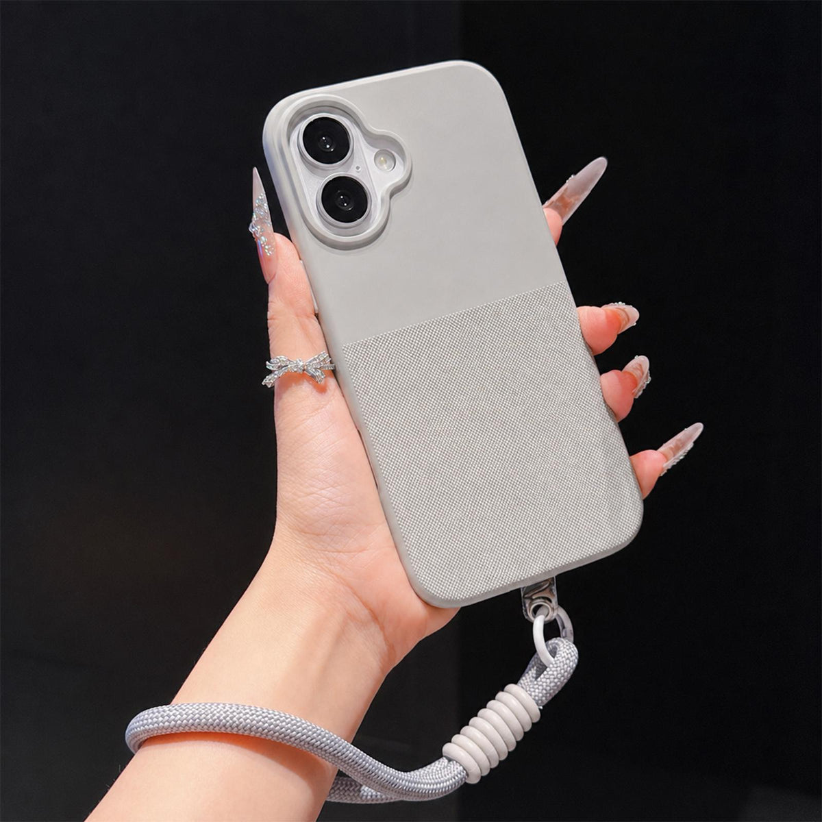 For iPhone 16 Plus Imitation Dot-texture TPU Phone Case with Strap - Gray - SYA003421007C