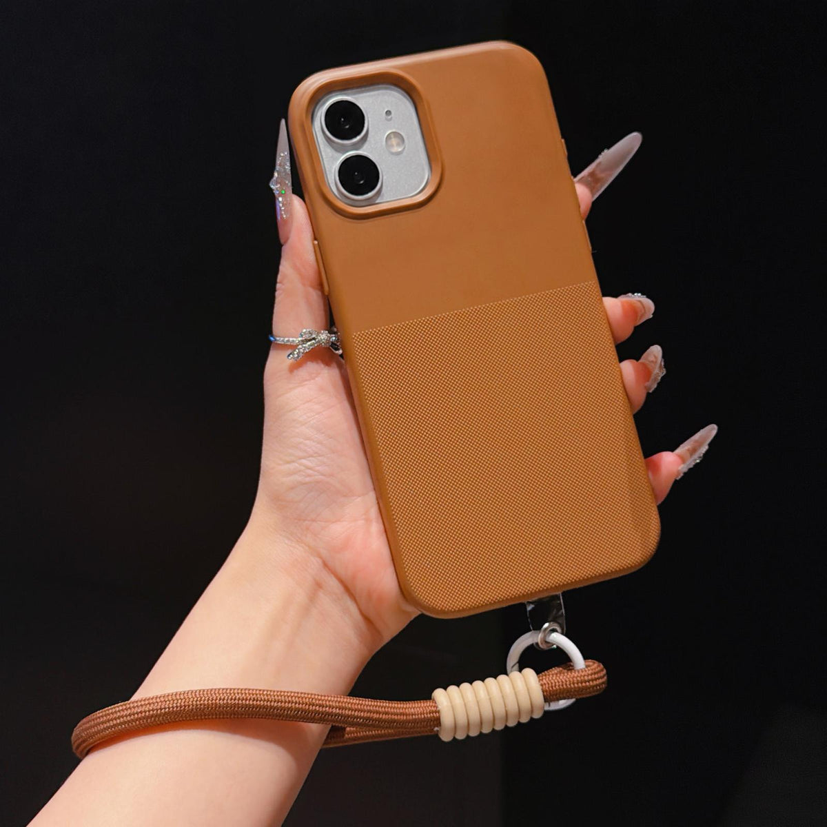For iPhone 12 Imitation Dot-texture TPU Phone Case with Strap - Brown - SYA003421020D
