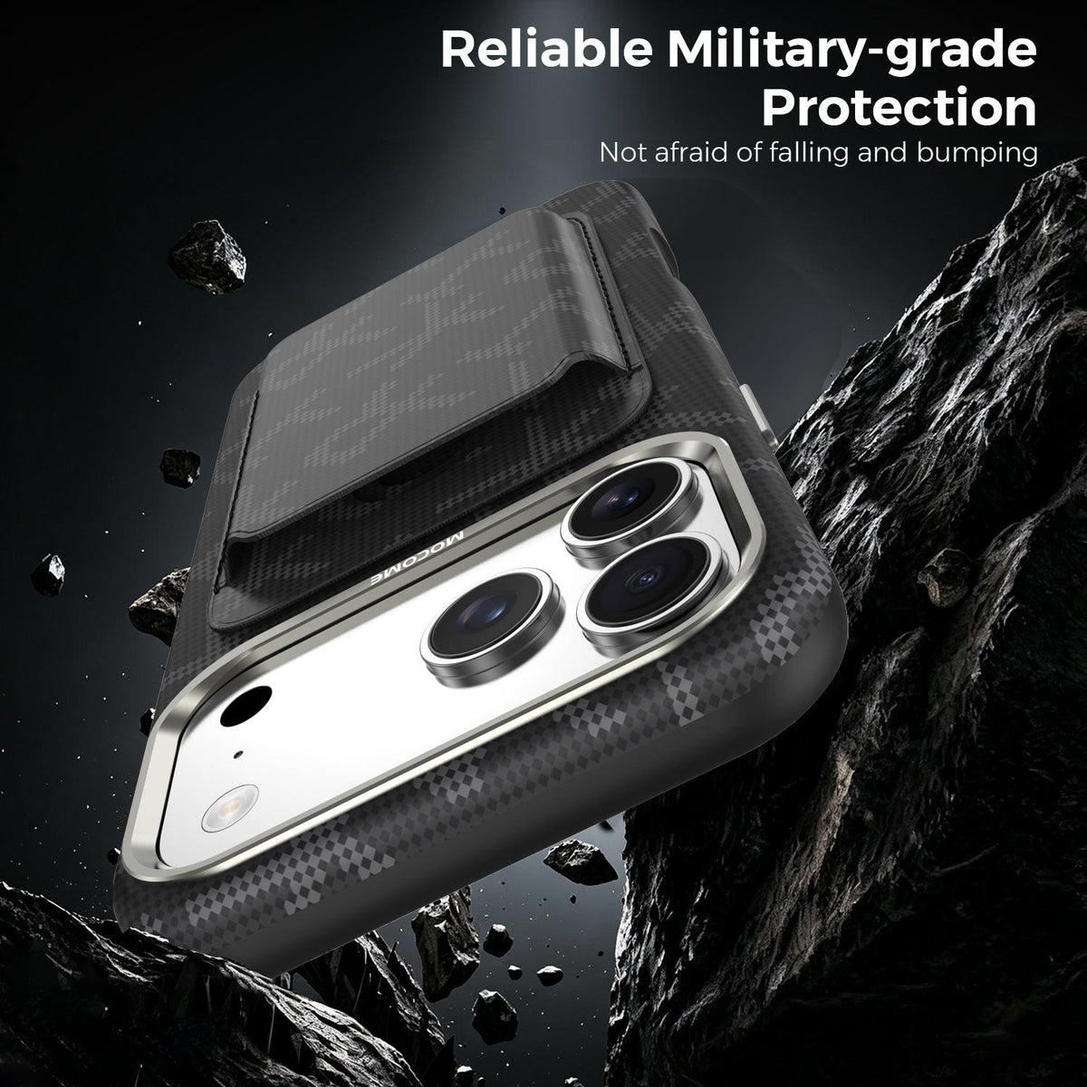 For iPhone 17 Pro Max MOCOME Aramid Fabric Texture Card Bag Magnetic Phone Case - Black - SYA003421201B