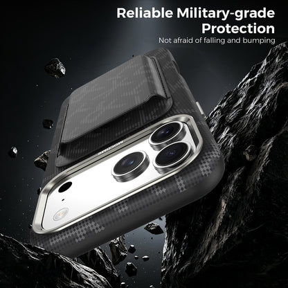 For iPhone 17 Pro Max MOCOME Aramid Fabric Texture Card Bag Magnetic Phone Case - Black - SYA003421201B