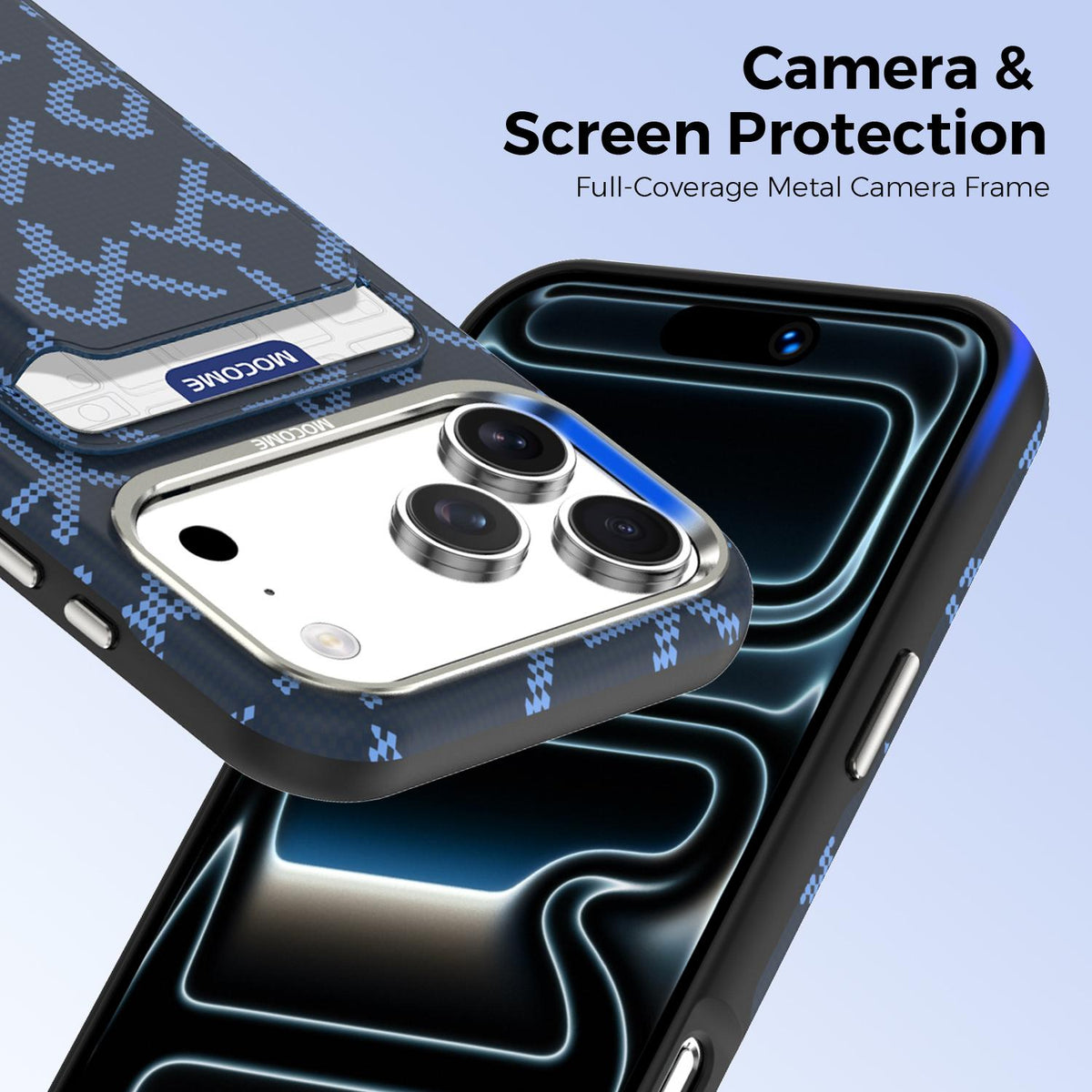For iPhone 17 Pro Max MOCOME Aramid Fabric Texture Card Bag Magnetic Phone Case - Blue - SYA003421201D