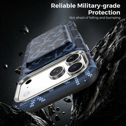 For iPhone 17 Pro Max MOCOME Aramid Fabric Texture Card Bag Magnetic Phone Case - Blue - SYA003421201D
