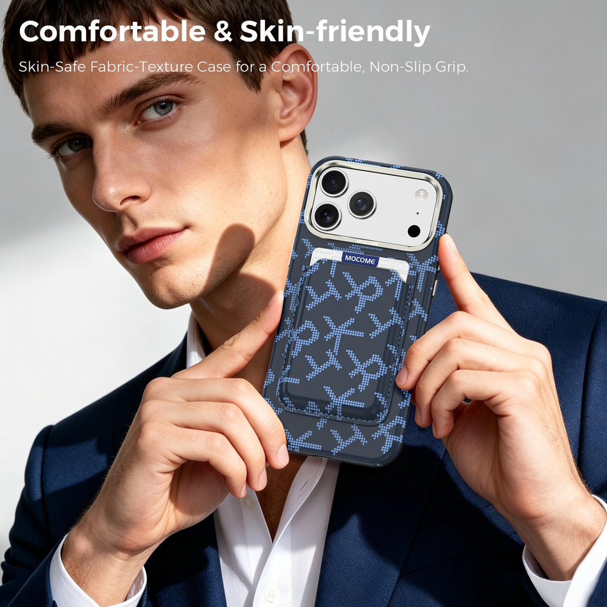 For iPhone 17 Pro Max MOCOME Aramid Fabric Texture Card Bag Magnetic Phone Case - Blue - SYA003421201D