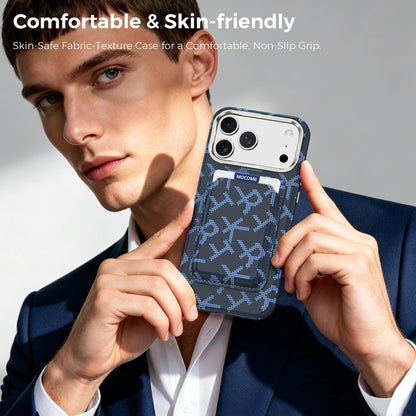 For iPhone 17 Pro Max MOCOME Aramid Fabric Texture Card Bag Magnetic Phone Case - Blue - SYA003421201D
