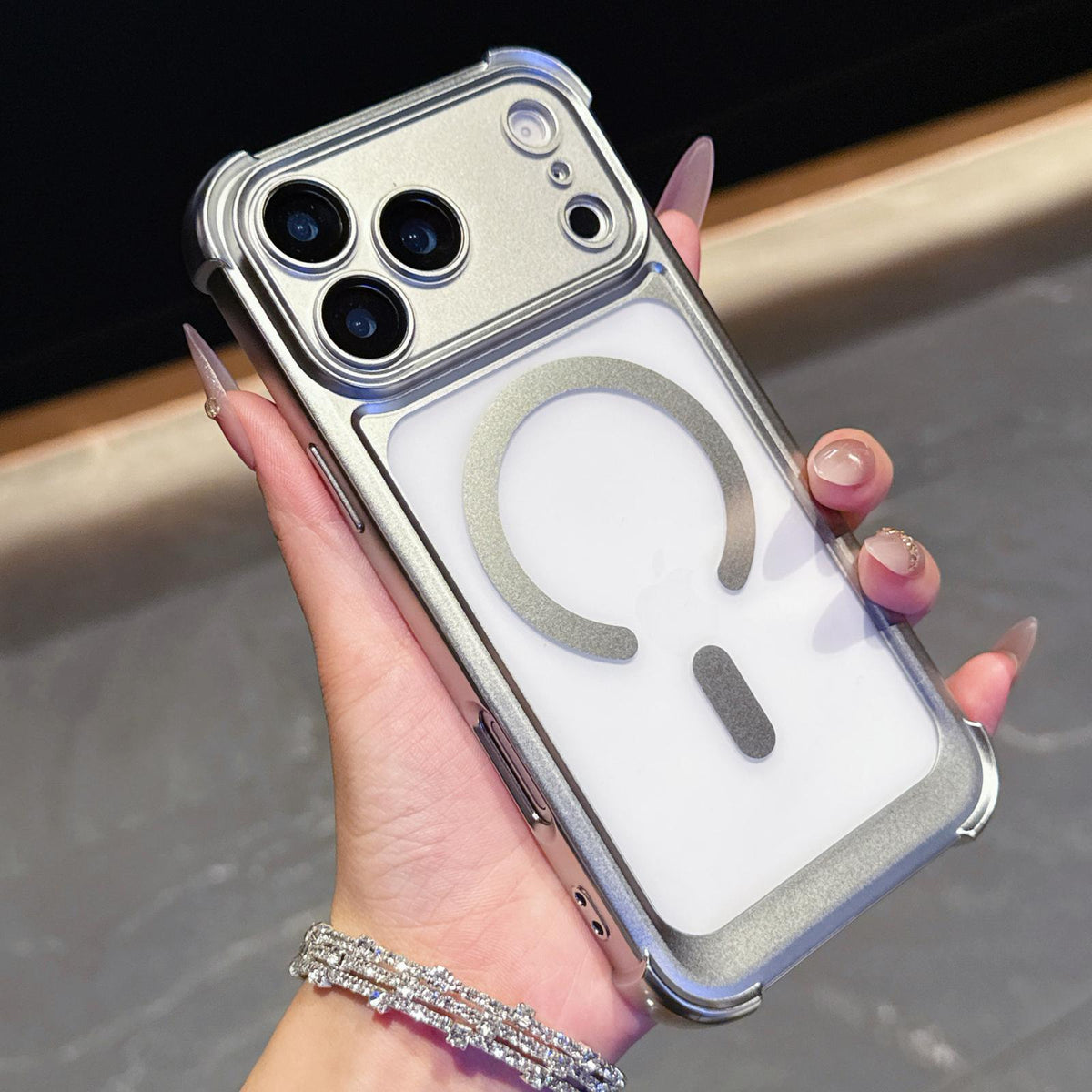 For iPhone 17 Pro Max Electroplated Matte Acrylic Magnetic Phone Case - Silver - SYA003421801G
