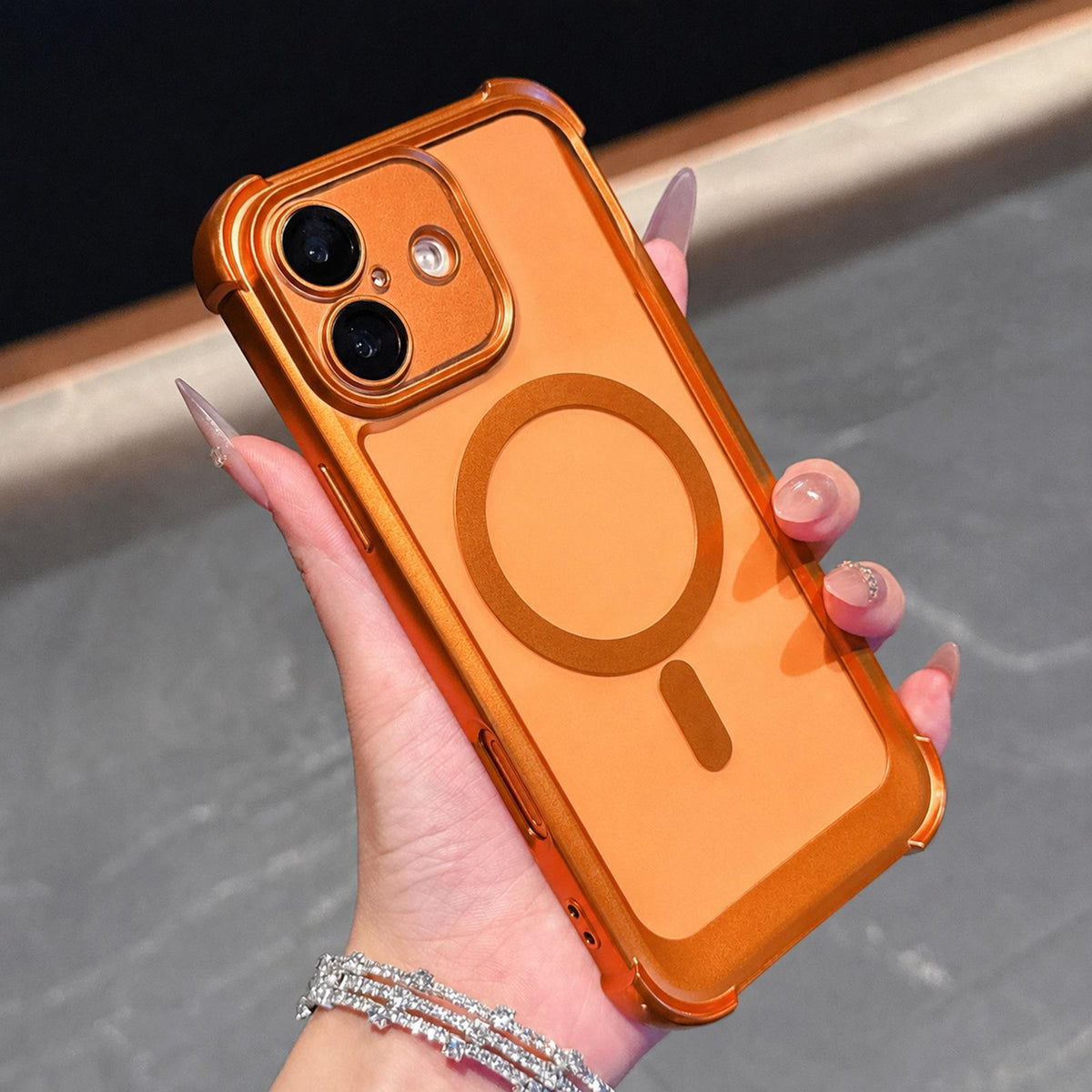 For iPhone 17 Electroplated Matte Acrylic Magnetic Phone Case - Orange - SYA003421803B