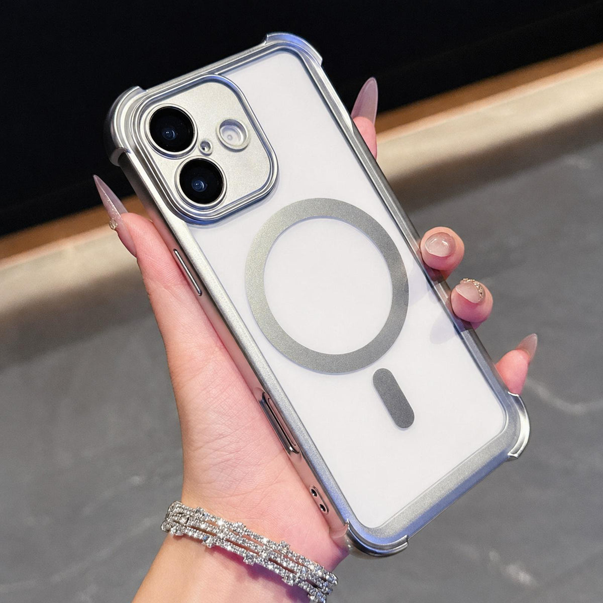 For iPhone 16 Electroplated Matte Acrylic Magnetic Phone Case - Silver - SYA003421808G