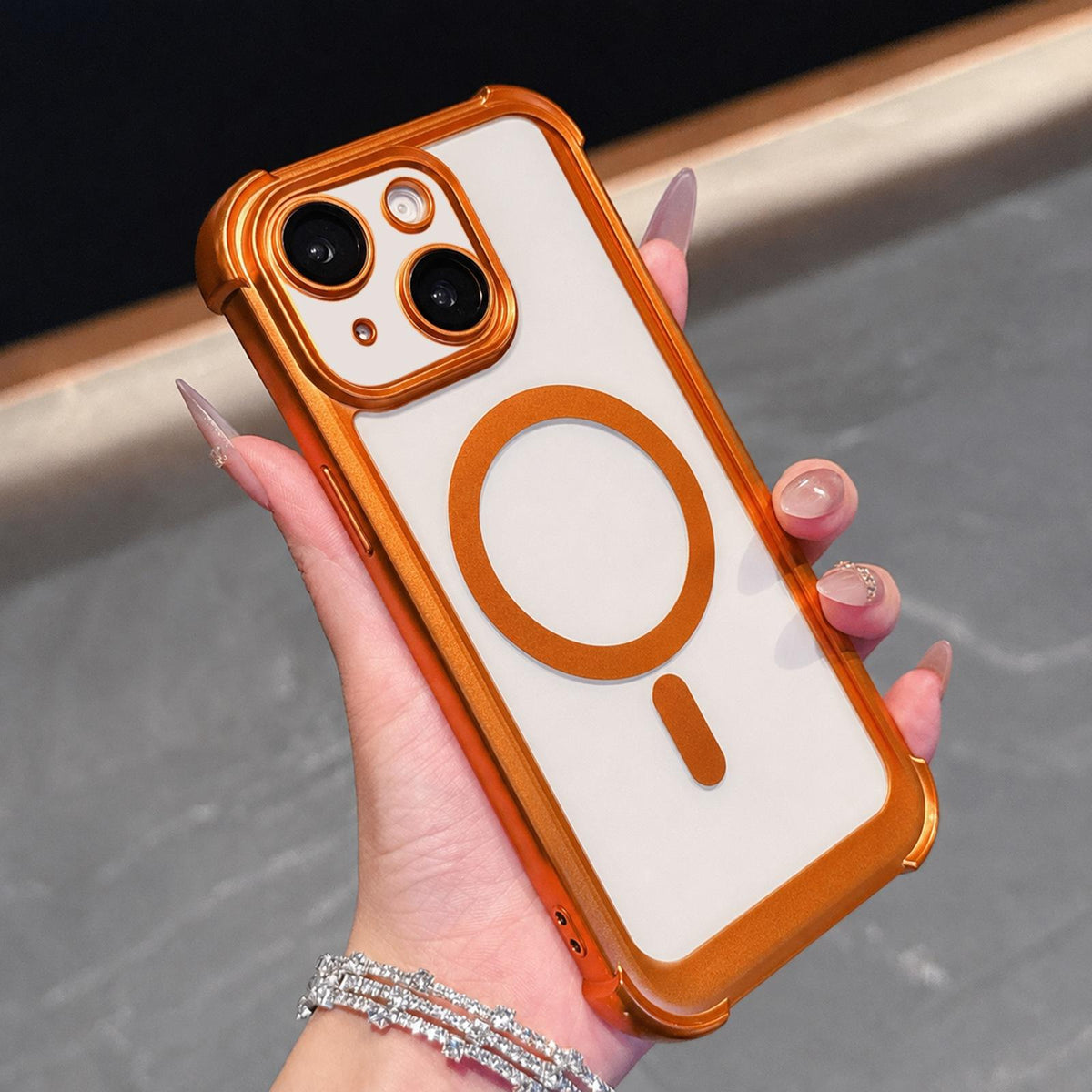 For iPhone 15 Electroplated Matte Acrylic Magnetic Phone Case - Orange - SYA003421812B