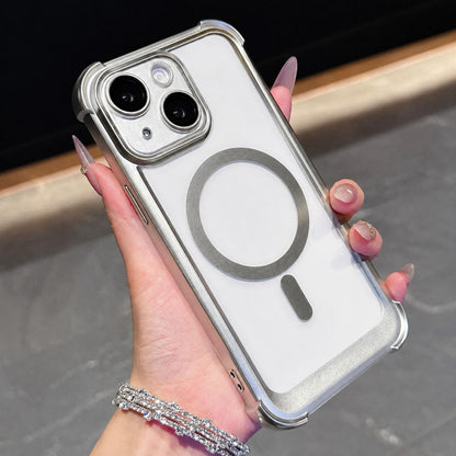For iPhone 14 Plus Electroplated Matte Acrylic Magnetic Phone Case - Silver - SYA003421813G