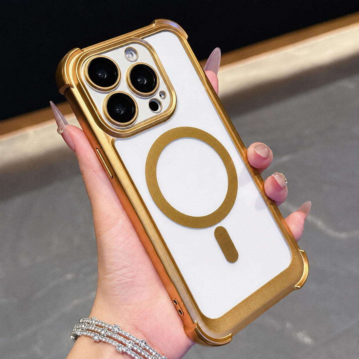 For iPhone 13 Pro Max Electroplated Matte Acrylic Magnetic Phone Case - Gold - SYA003421817D