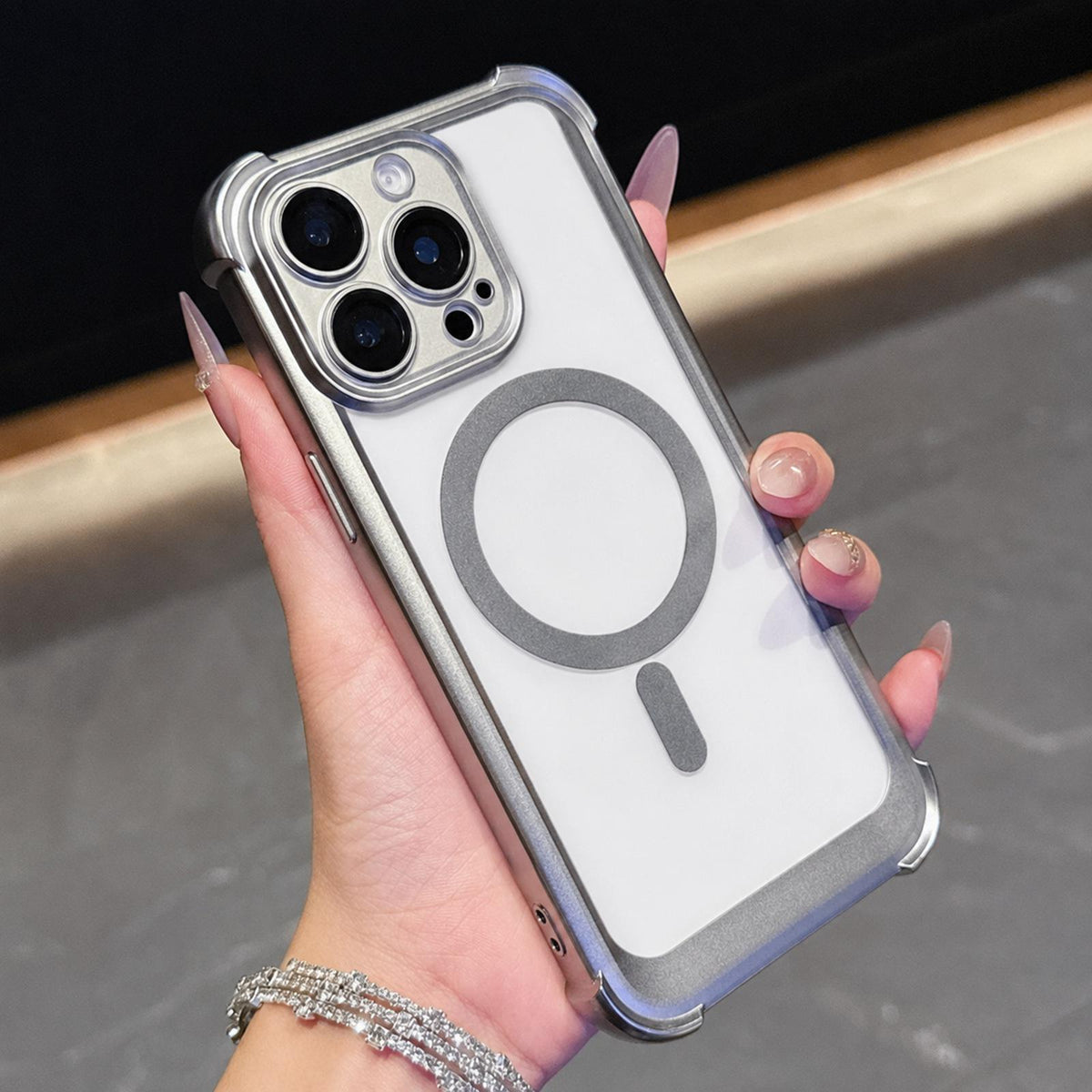 For iPhone 13 Pro Electroplated Matte Acrylic Magnetic Phone Case - Silver - SYA003421818G