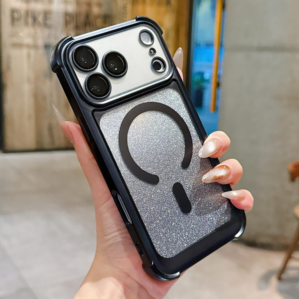 For iPhone 17 Pro Electroplated Gradient Glitter Matte Acrylic Magnetic Phone Case - Black - SYA003423302E
