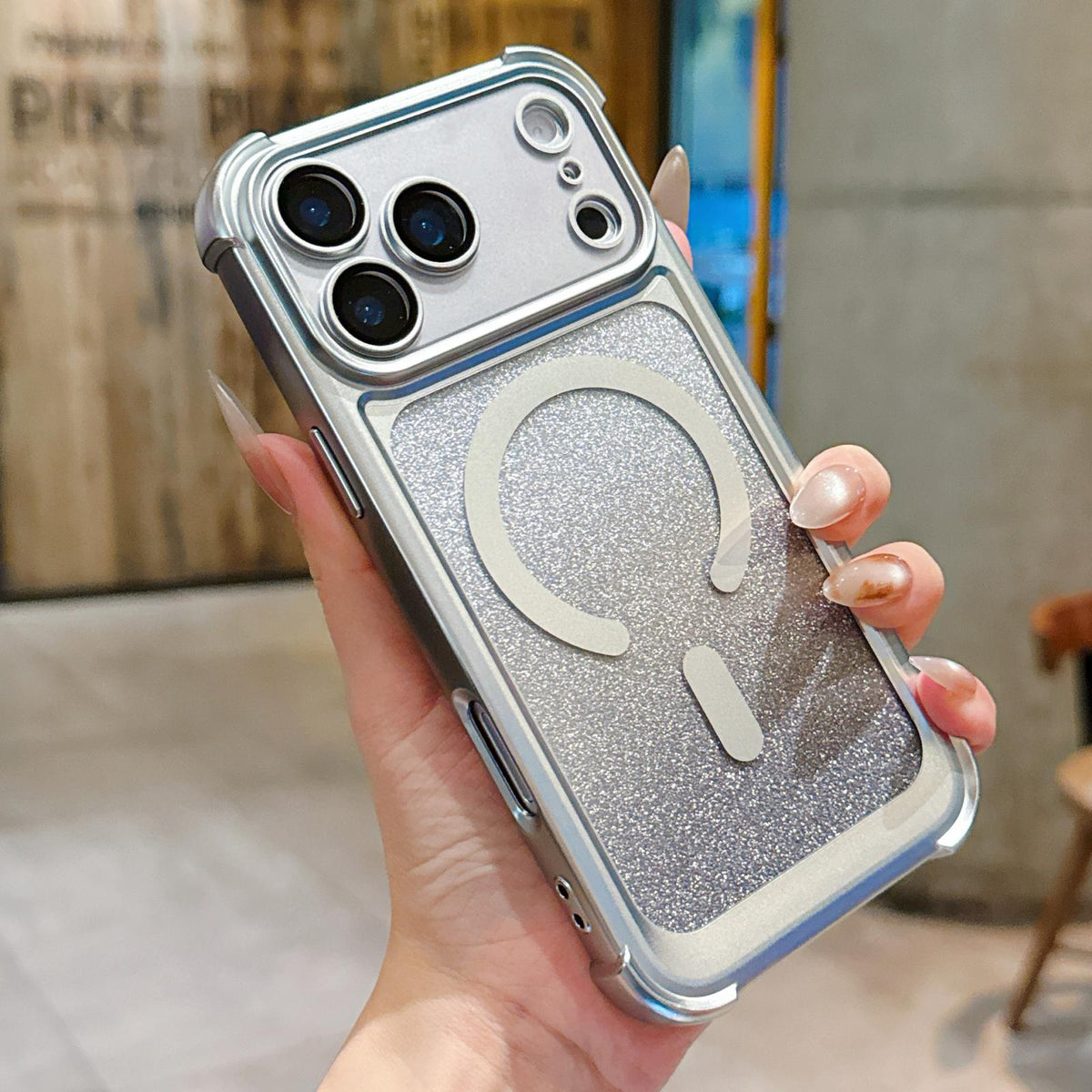 For iPhone 17 Pro Electroplated Gradient Glitter Matte Acrylic Magnetic Phone Case - Silver - SYA003423302G
