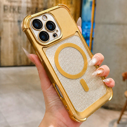 For iPhone 16 Pro Max Electroplated Gradient Glitter Matte Acrylic Magnetic Phone Case - Gold - SYA003423305D