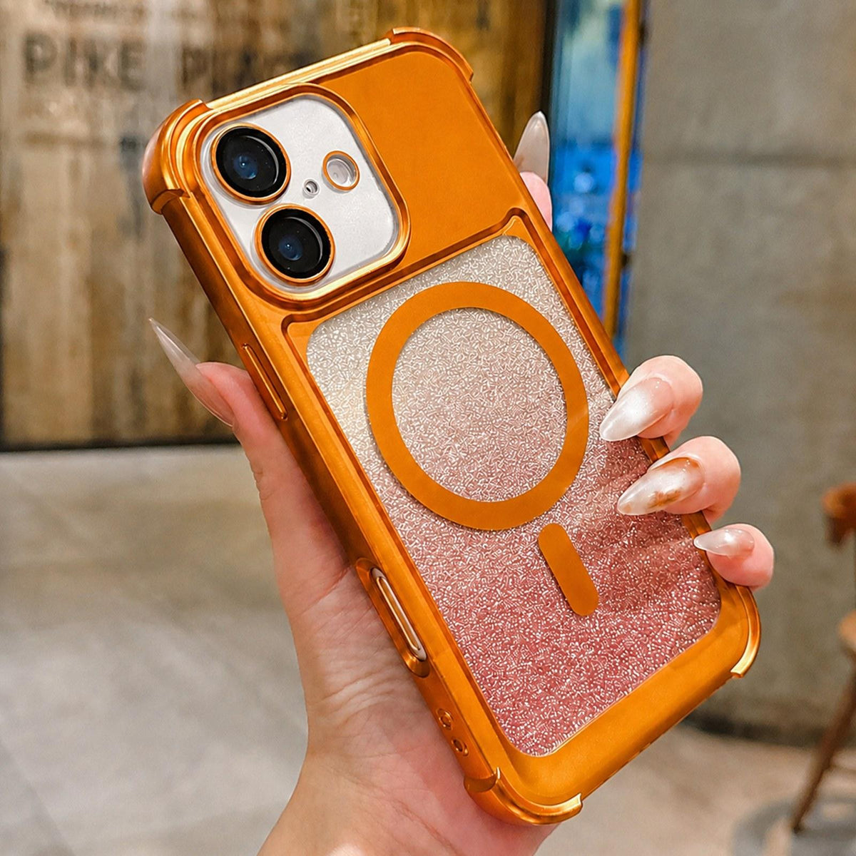 For iPhone 16 Plus Electroplated Gradient Glitter Matte Acrylic Magnetic Phone Case - Orange - SYA003423307B
