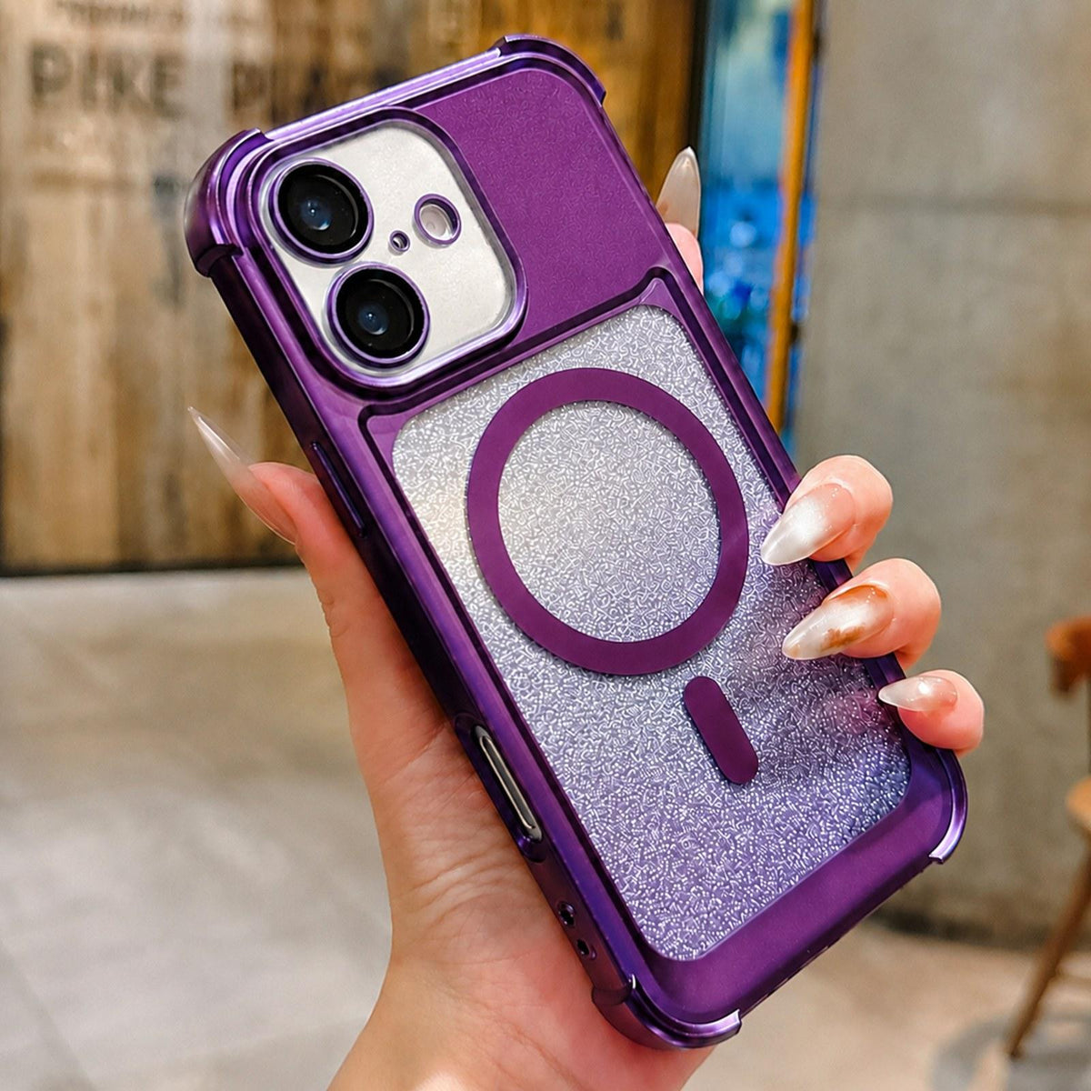 For iPhone 16 Plus Electroplated Gradient Glitter Matte Acrylic Magnetic Phone Case - Purple - SYA003423307F