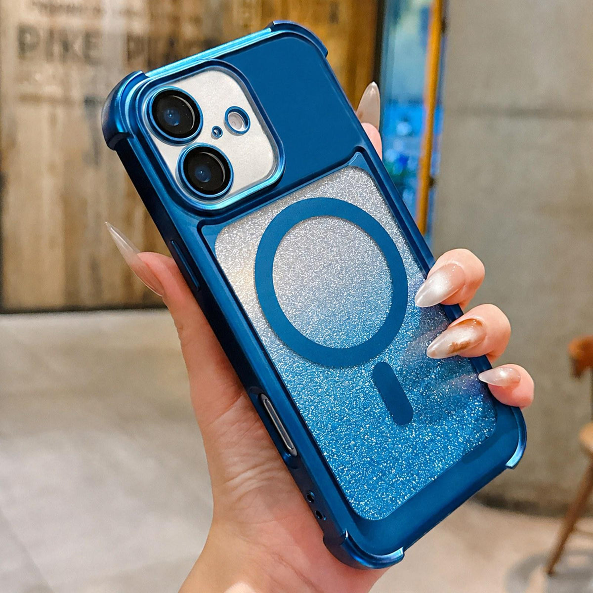 For iPhone 16 Electroplated Gradient Glitter Matte Acrylic Magnetic Phone Case - Blue - SYA003423308A