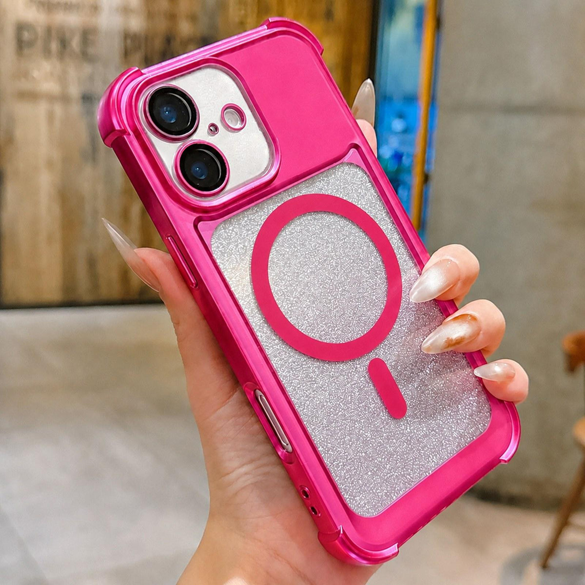For iPhone 16 Electroplated Gradient Glitter Matte Acrylic Magnetic Phone Case - Gray - SYA003423308C