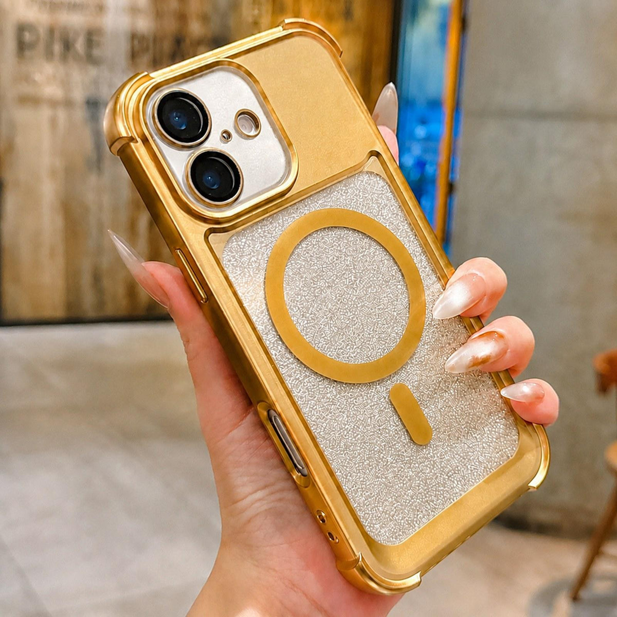 For iPhone 16 Electroplated Gradient Glitter Matte Acrylic Magnetic Phone Case - Gold - SYA003423308D