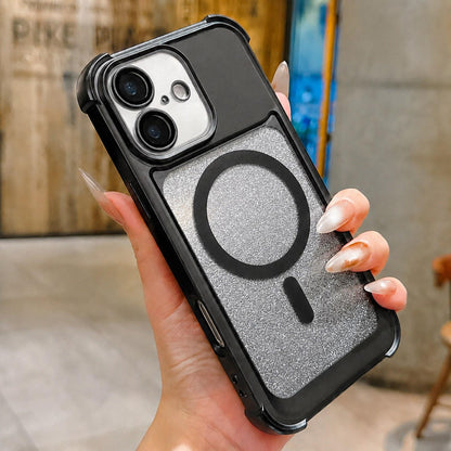 For iPhone 16 Electroplated Gradient Glitter Matte Acrylic Magnetic Phone Case - Black - SYA003423308E