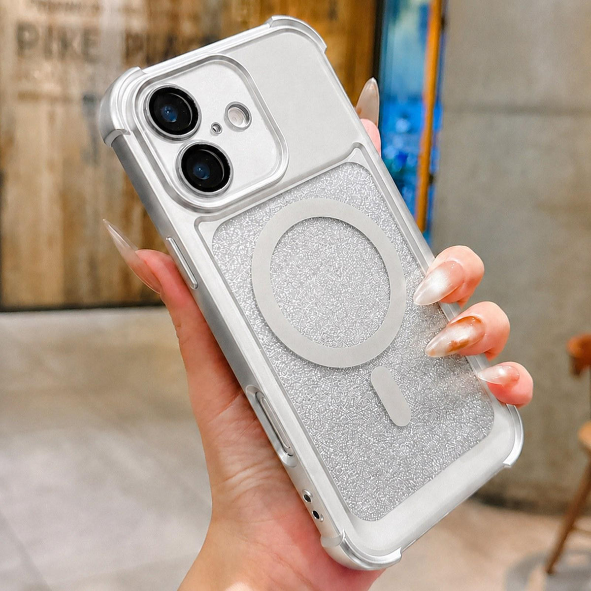 For iPhone 16 Electroplated Gradient Glitter Matte Acrylic Magnetic Phone Case - Silver - SYA003423308G