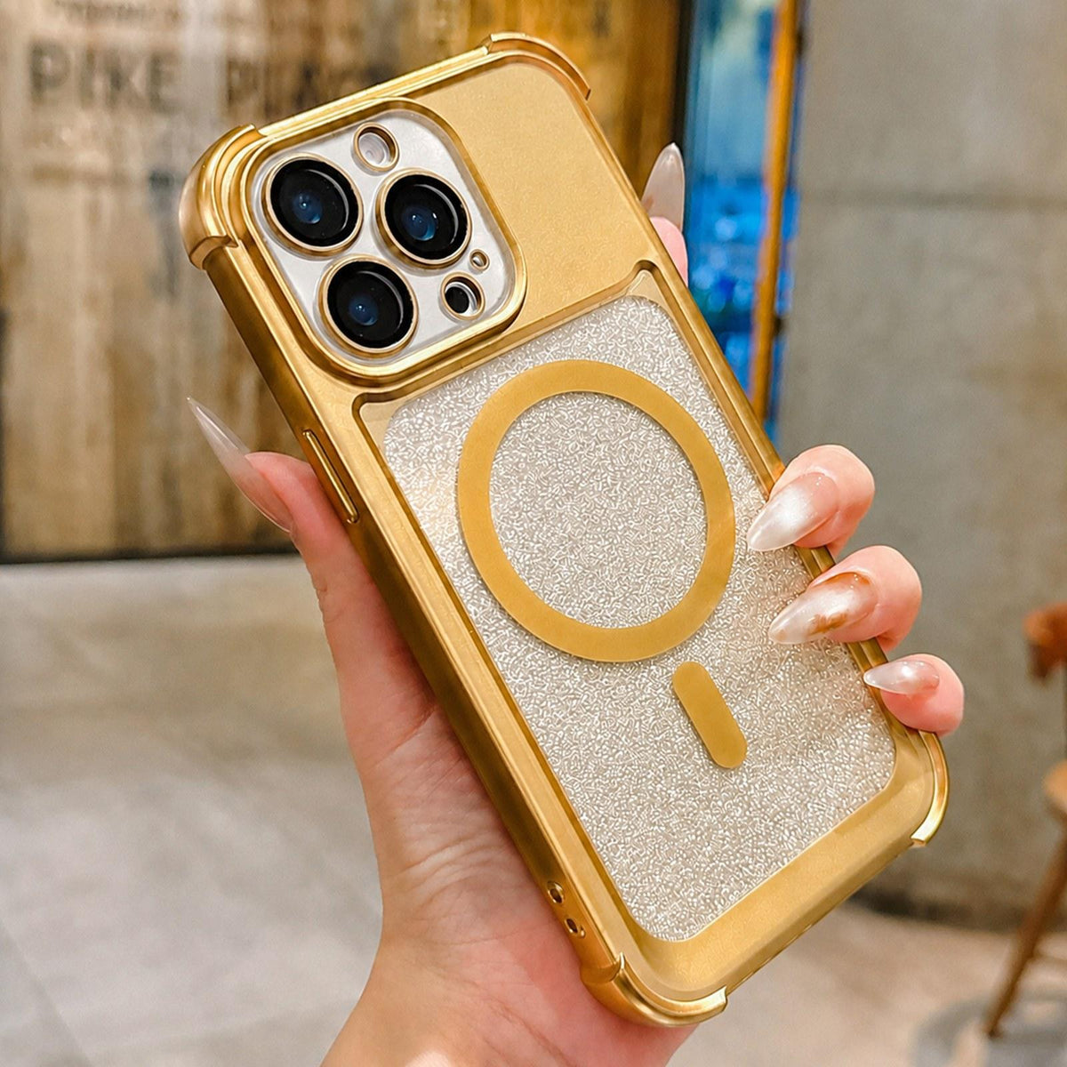 For iPhone 15 Pro Electroplated Gradient Glitter Matte Acrylic Magnetic Phone Case - Gold - SYA003423310D