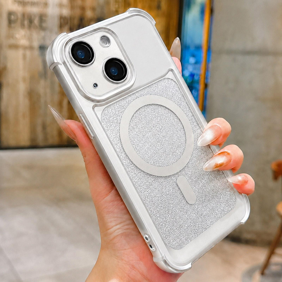 For iPhone 15 Plus Electroplated Gradient Glitter Matte Acrylic Magnetic Phone Case - Silver - SYA003423311G