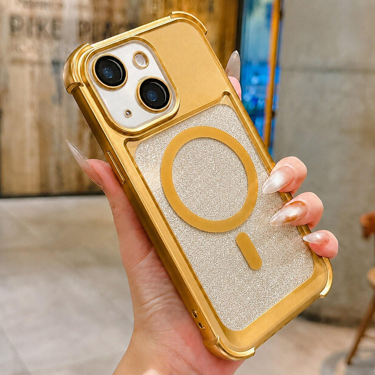 For iPhone 15 Electroplated Gradient Glitter Matte Acrylic Magnetic Phone Case - Gold - SYA003423312D