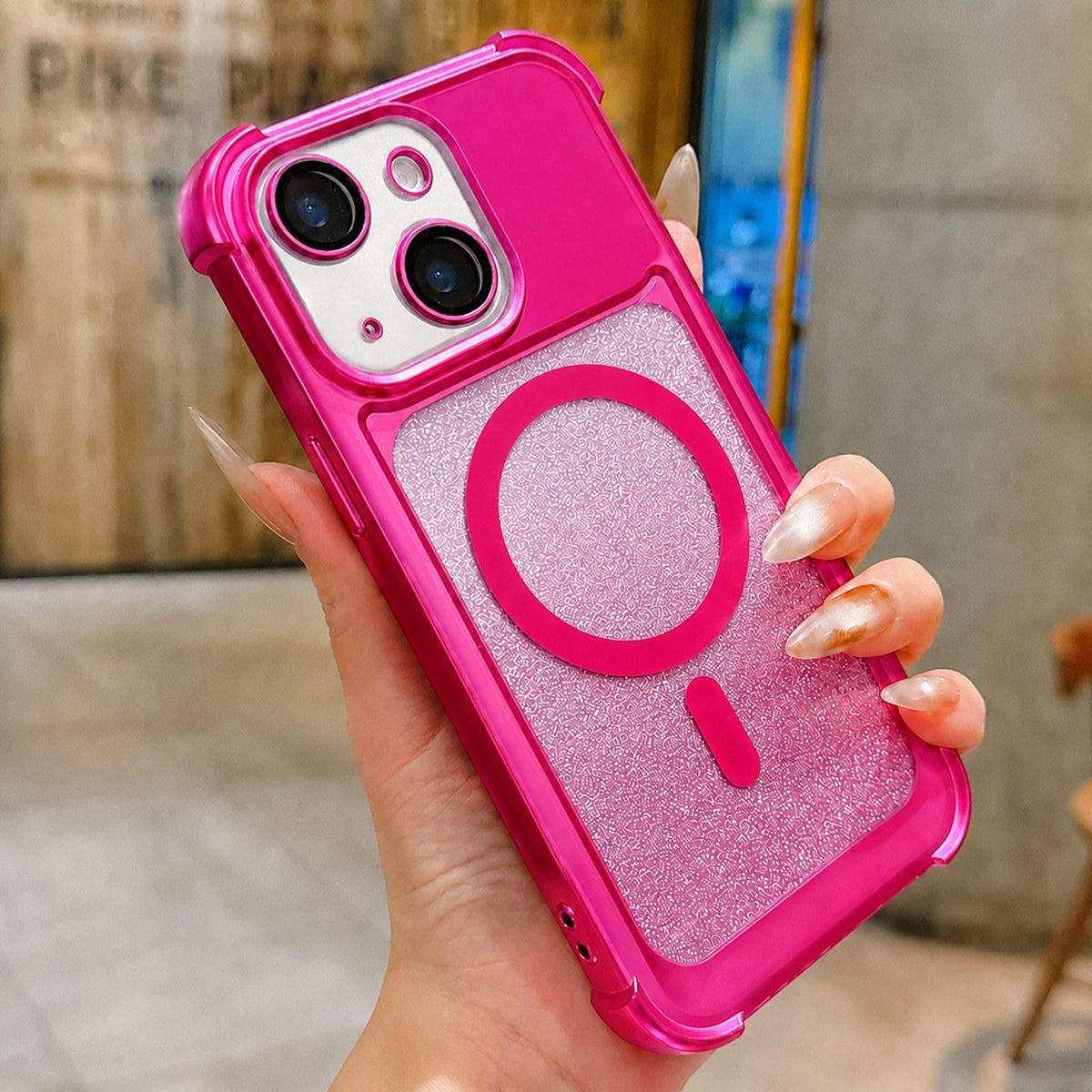 For iPhone 14 Plus Electroplated Gradient Glitter Matte Acrylic Magnetic Phone Case - Gray - SYA003423313C