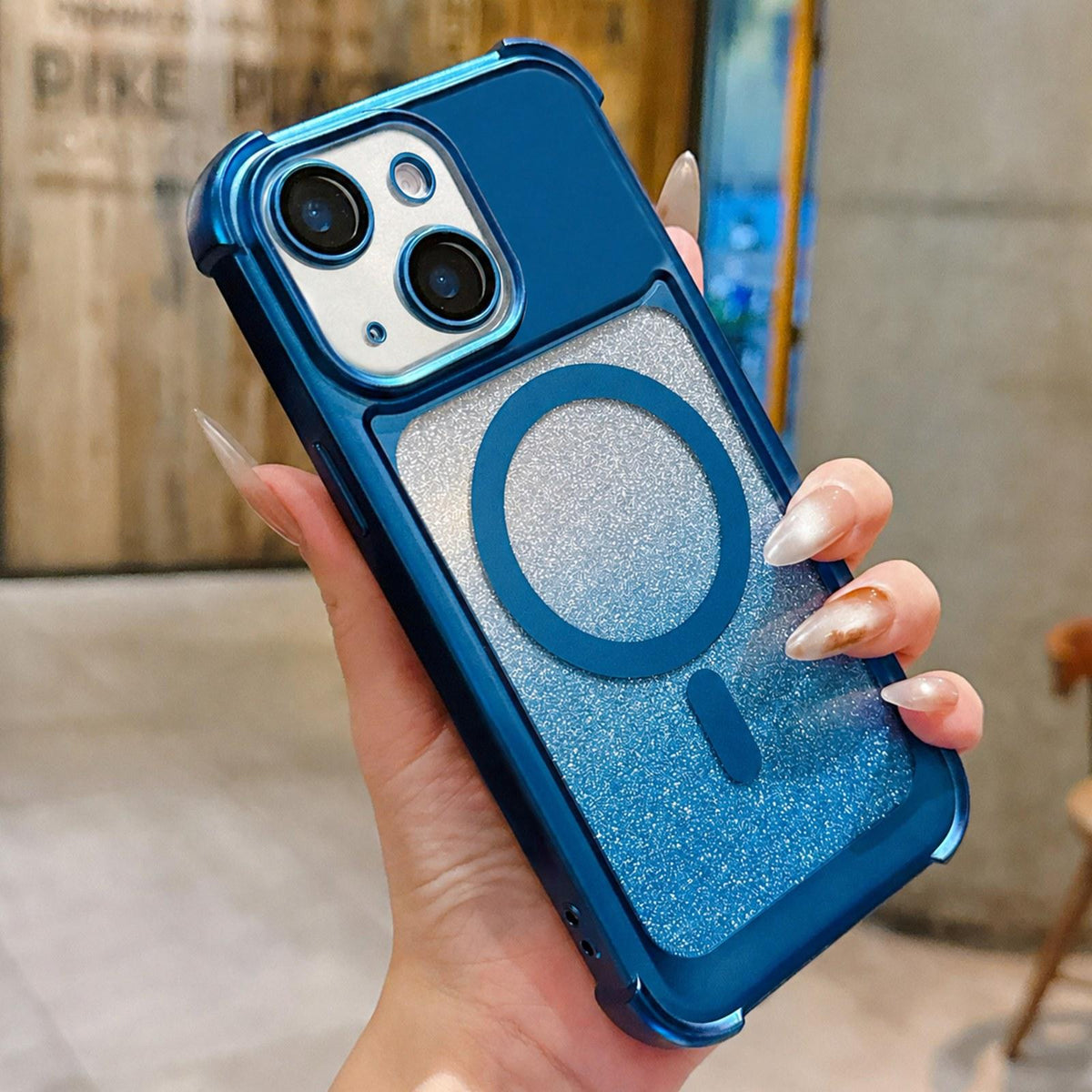 For iPhone 14 Electroplated Gradient Glitter Matte Acrylic Magnetic Phone Case - Blue - SYA003423314A