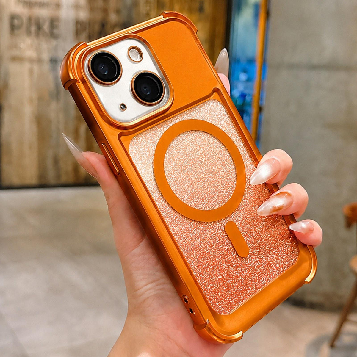For iPhone 14 Electroplated Gradient Glitter Matte Acrylic Magnetic Phone Case - Orange - SYA003423314B