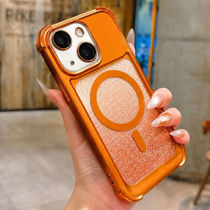 For iPhone 14 Electroplated Gradient Glitter Matte Acrylic Magnetic Phone Case - Orange - SYA003423314B