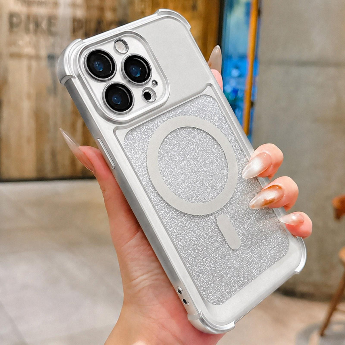 For iPhone 14 Pro Max Electroplated Gradient Glitter Matte Acrylic Magnetic Phone Case - Silver - SYA003423316G