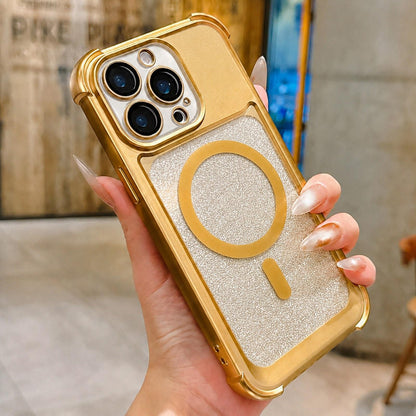 For iPhone 13 Pro Electroplated Gradient Glitter Matte Acrylic Magnetic Phone Case - Gold - SYA003423318D