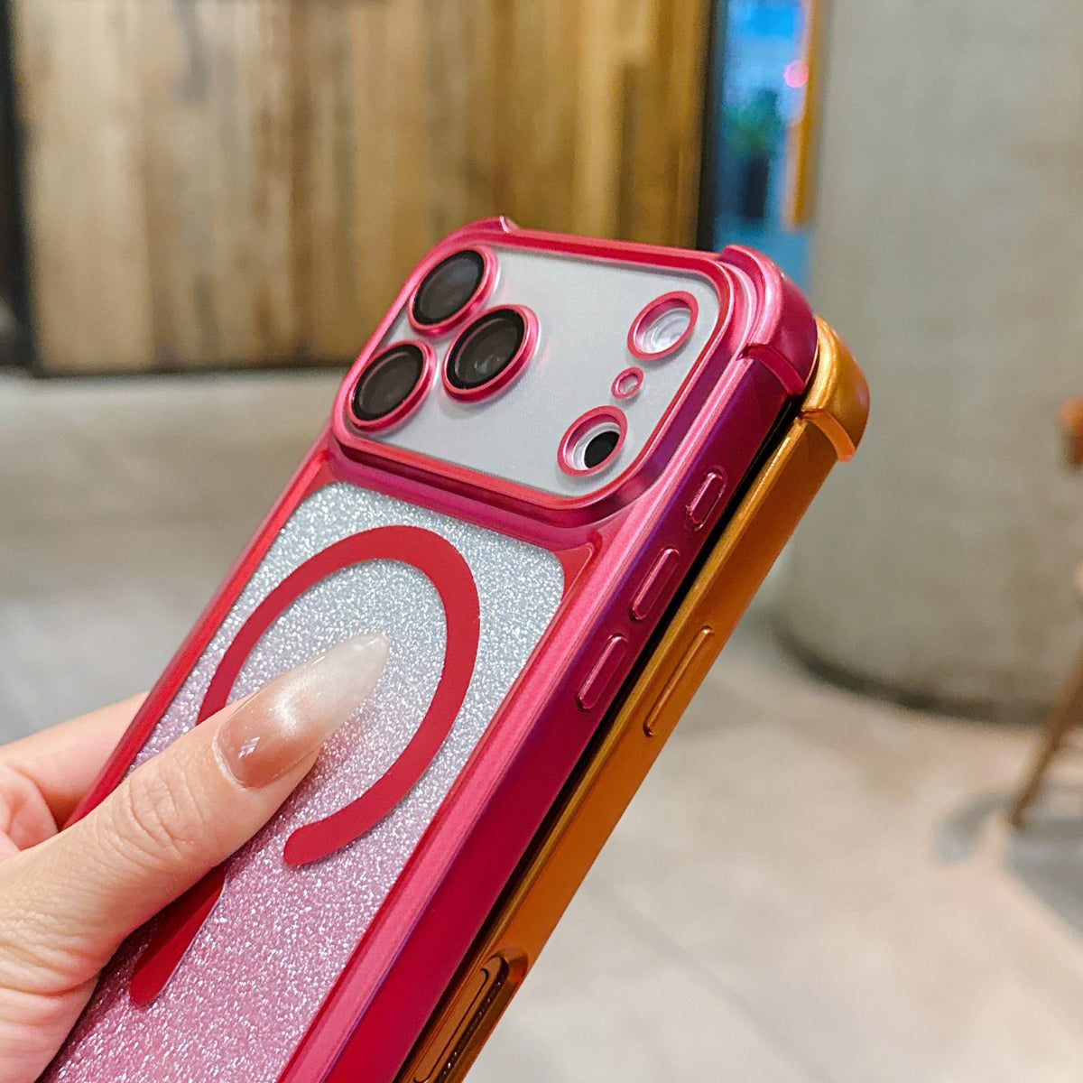 For iPhone 15 Pro Electroplated Gradient Glitter Matte Acrylic Magnetic Phone Case - Orange - SYA003423310B