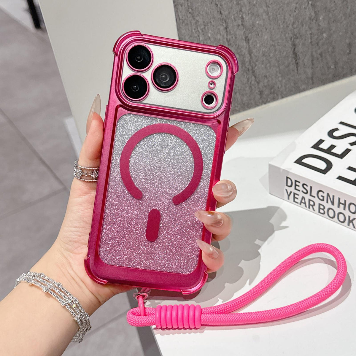 For iPhone 17 Pro Max Electroplated Gradient Glitter Matte Acrylic Magnetic Phone Case with Strap - Gray - SYA003423901C