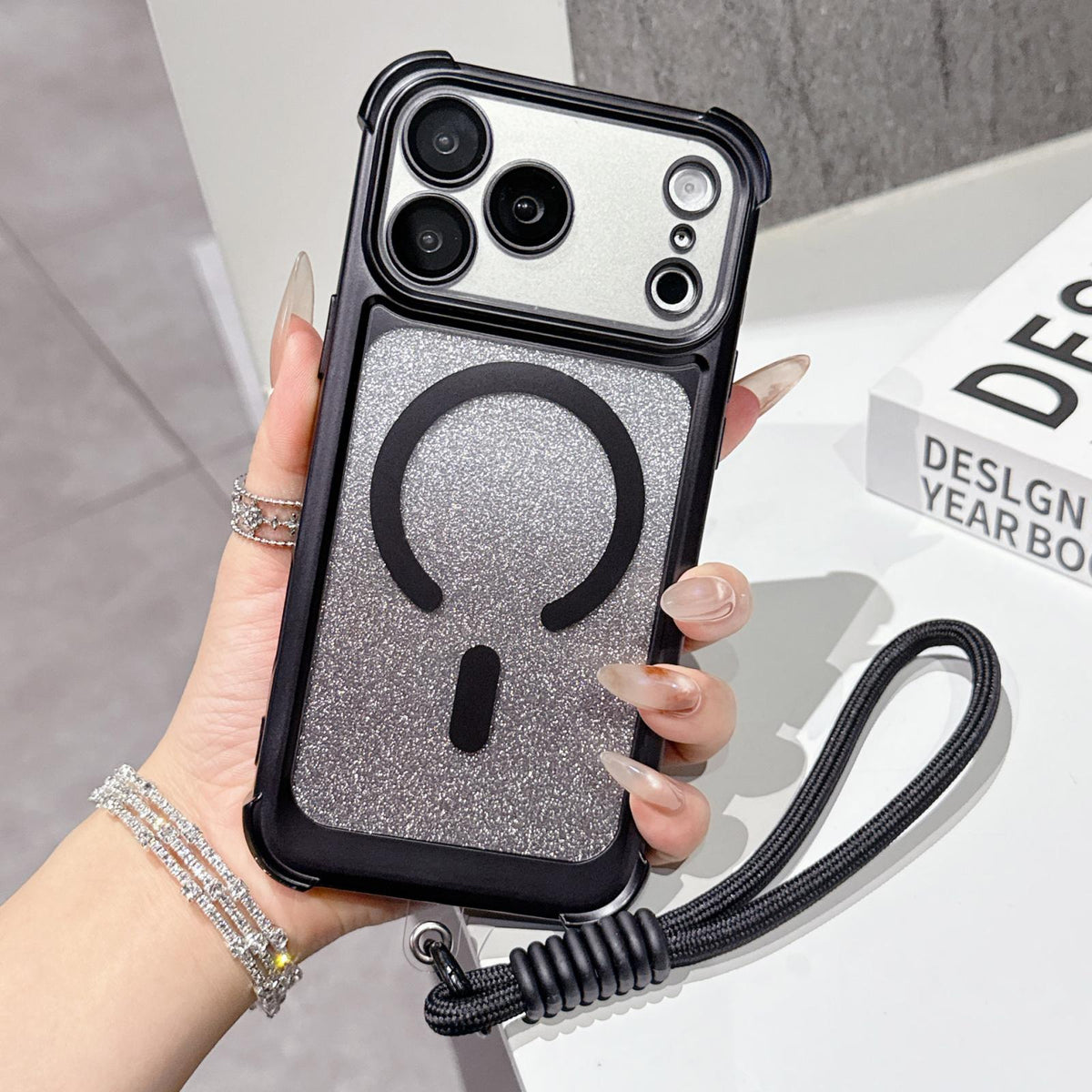 For iPhone 17 Pro Max Electroplated Gradient Glitter Matte Acrylic Magnetic Phone Case with Strap - Black - SYA003423901E
