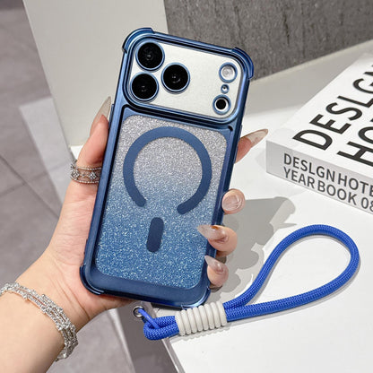 For iPhone 17 Pro Electroplated Gradient Glitter Matte Acrylic Magnetic Phone Case with Strap - Blue - SYA003423902A