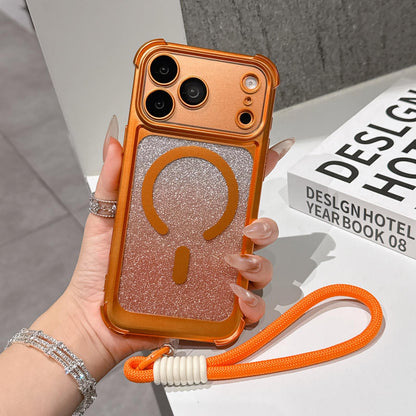 For iPhone 17 Pro Electroplated Gradient Glitter Matte Acrylic Magnetic Phone Case with Strap - Orange - SYA003423902B