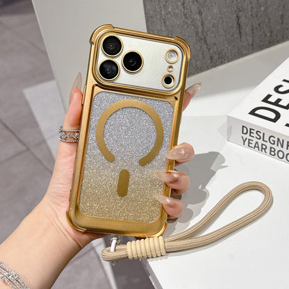 For iPhone 17 Pro Electroplated Gradient Glitter Matte Acrylic Magnetic Phone Case with Strap - Gold - SYA003423902D