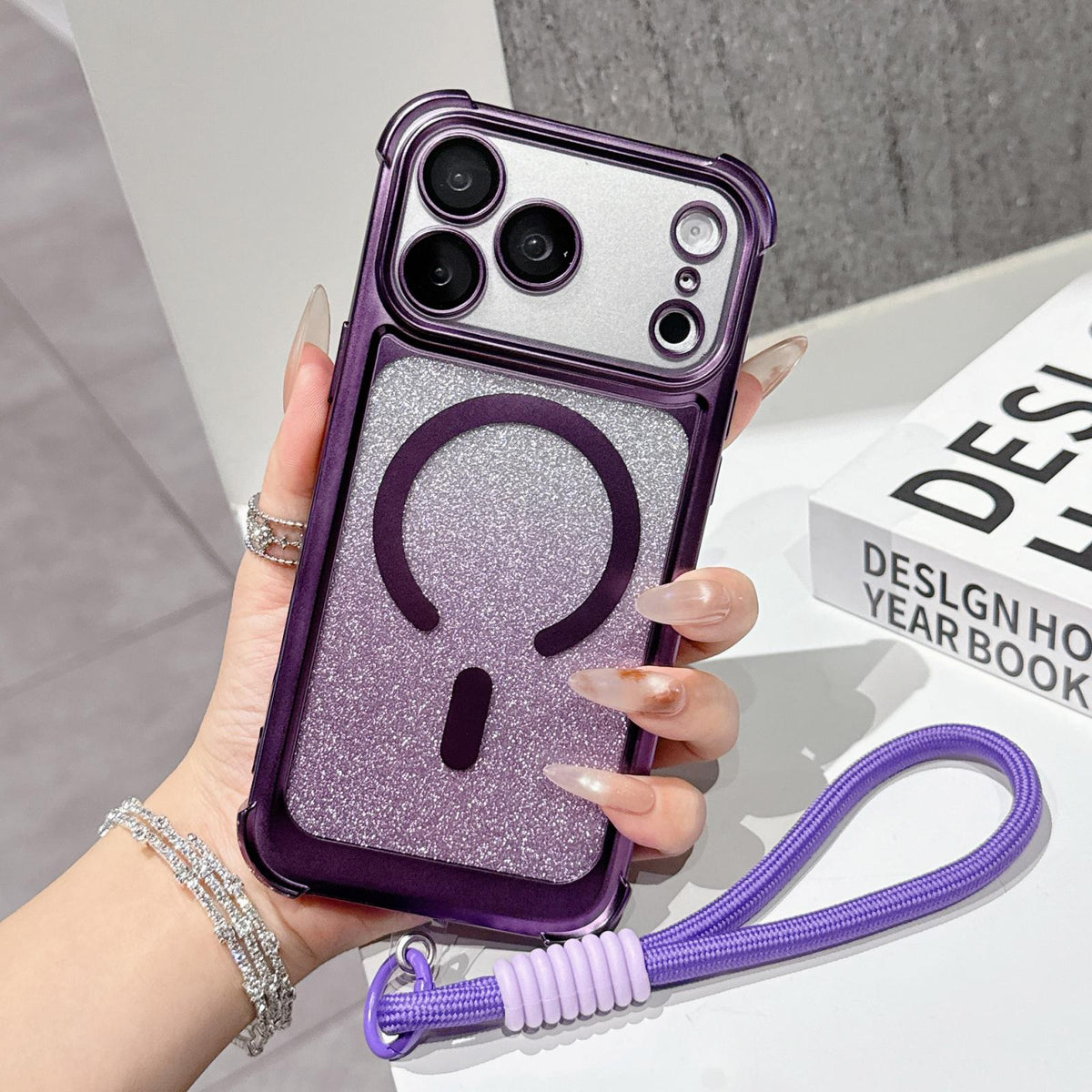 For iPhone 17 Pro Electroplated Gradient Glitter Matte Acrylic Magnetic Phone Case with Strap - Purple - SYA003423902F