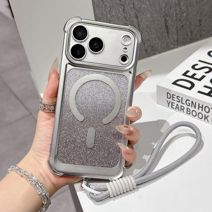 For iPhone 17 Pro Electroplated Gradient Glitter Matte Acrylic Magnetic Phone Case with Strap - Silver - SYA003423902G