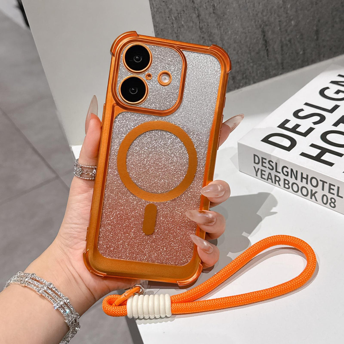 For iPhone 17 Electroplated Gradient Glitter Matte Acrylic Magnetic Phone Case with Strap - Orange - SYA003423903B