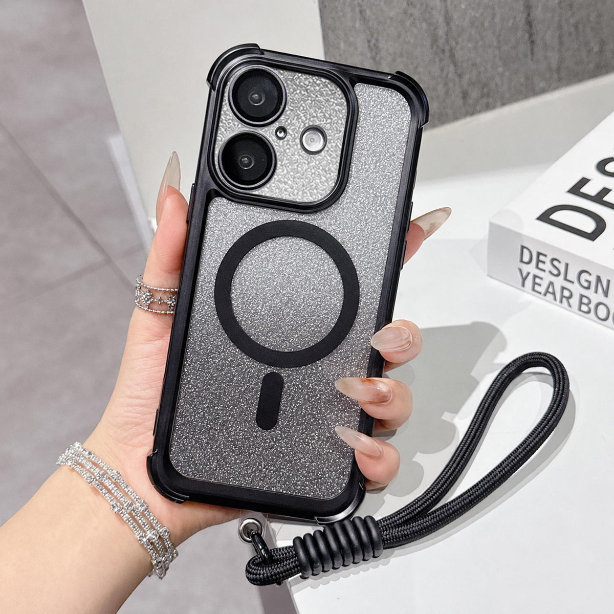 For iPhone 17 Electroplated Gradient Glitter Matte Acrylic Magnetic Phone Case with Strap - Black - SYA003423903E