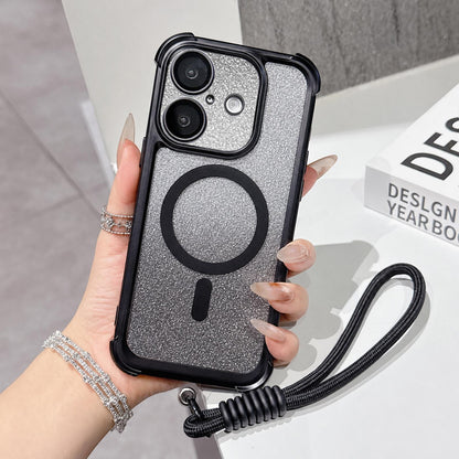 For iPhone 17 Electroplated Gradient Glitter Matte Acrylic Magnetic Phone Case with Strap - Black - SYA003423903E