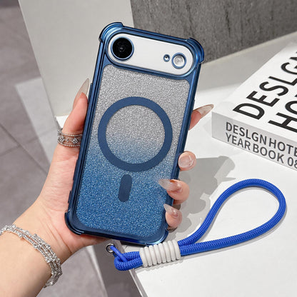 For iPhone Air Electroplated Gradient Glitter Matte Acrylic Magnetic Phone Case with Strap - Blue - SYA003423904A