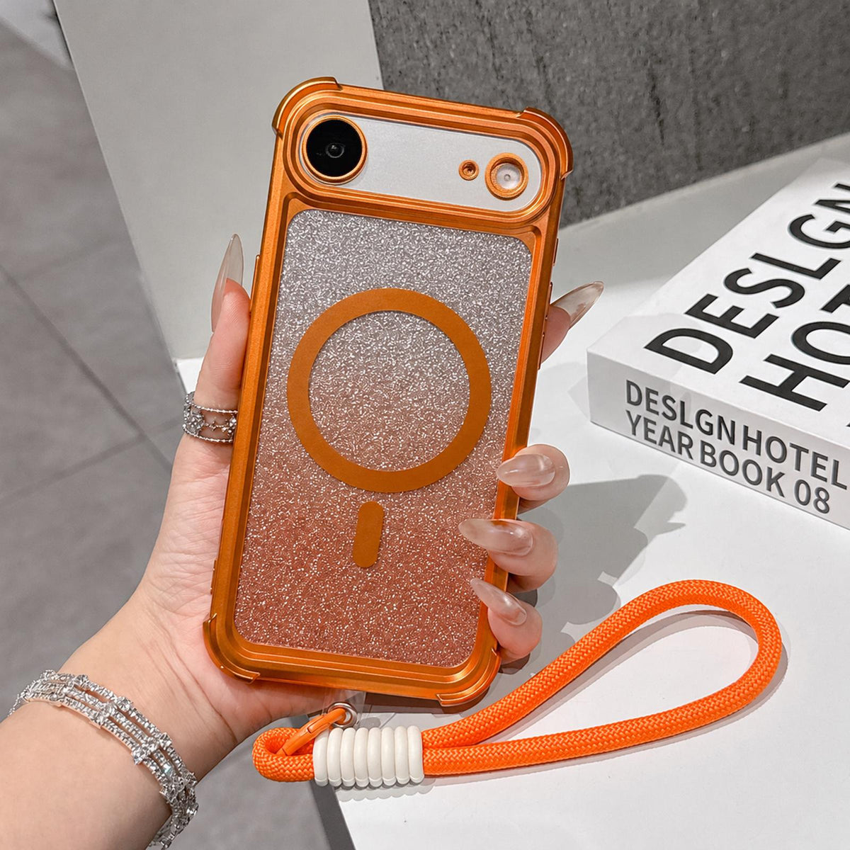 For iPhone Air Electroplated Gradient Glitter Matte Acrylic Magnetic Phone Case with Strap - Orange - SYA003423904B