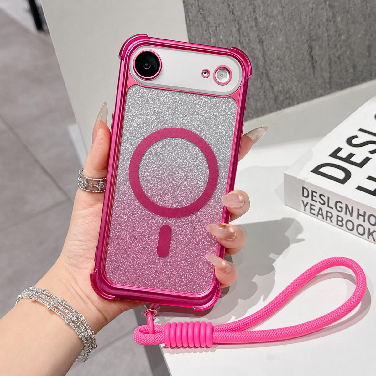 For iPhone Air Electroplated Gradient Glitter Matte Acrylic Magnetic Phone Case with Strap - Gray - SYA003423904C