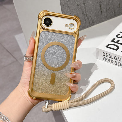 For iPhone Air Electroplated Gradient Glitter Matte Acrylic Magnetic Phone Case with Strap - Gold - SYA003423904D